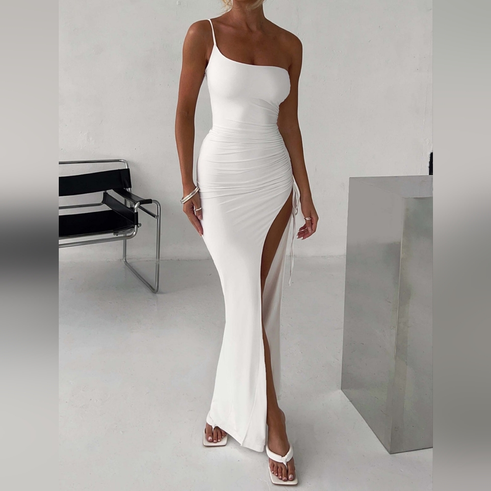 LIKE NEW BABYBOO FASHION WHITE HIGH SLIT SEXY MAXI GOWN DRESS ONE SHOULDER XS